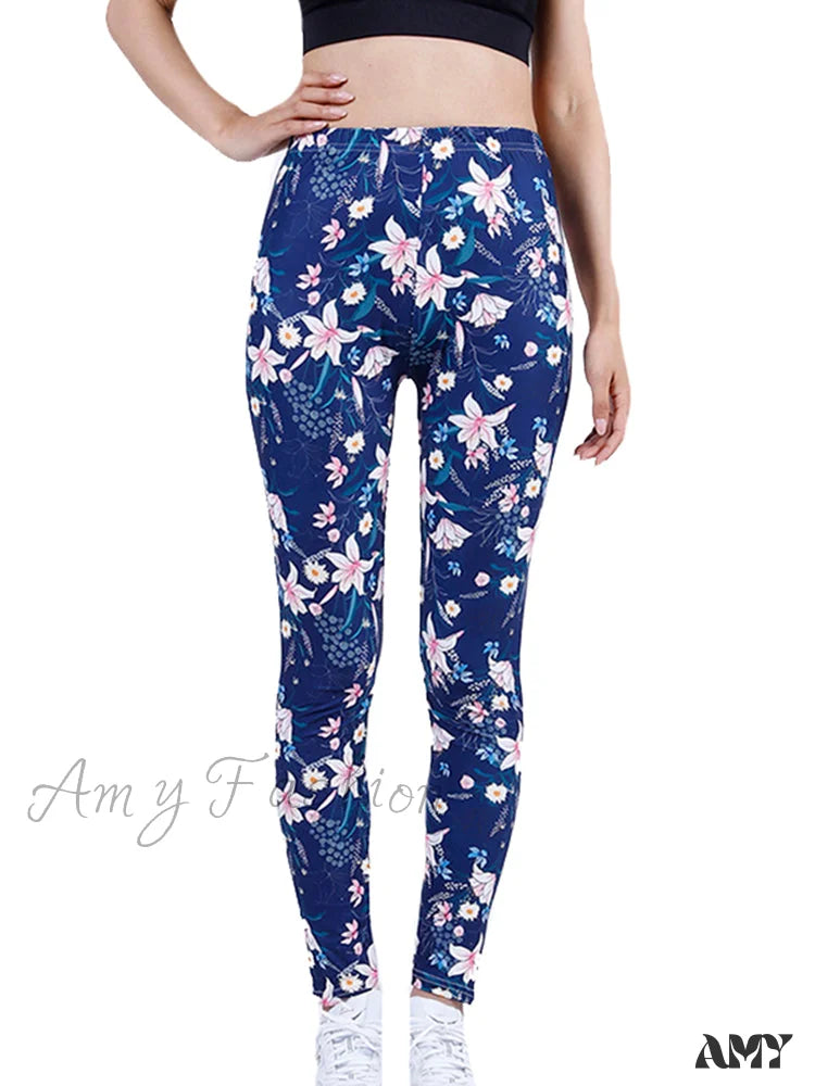 Amy Fashion - Camouflage Graffiti Style Slim Stretch Trouser Navy Lily / S