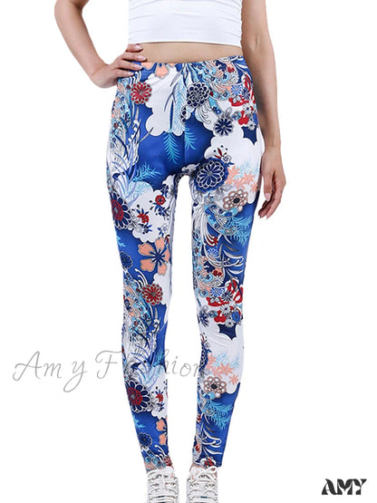 Amy Fashion - Camouflage Graffiti Style Slim Stretch Trouser Sapphire White Flora / S