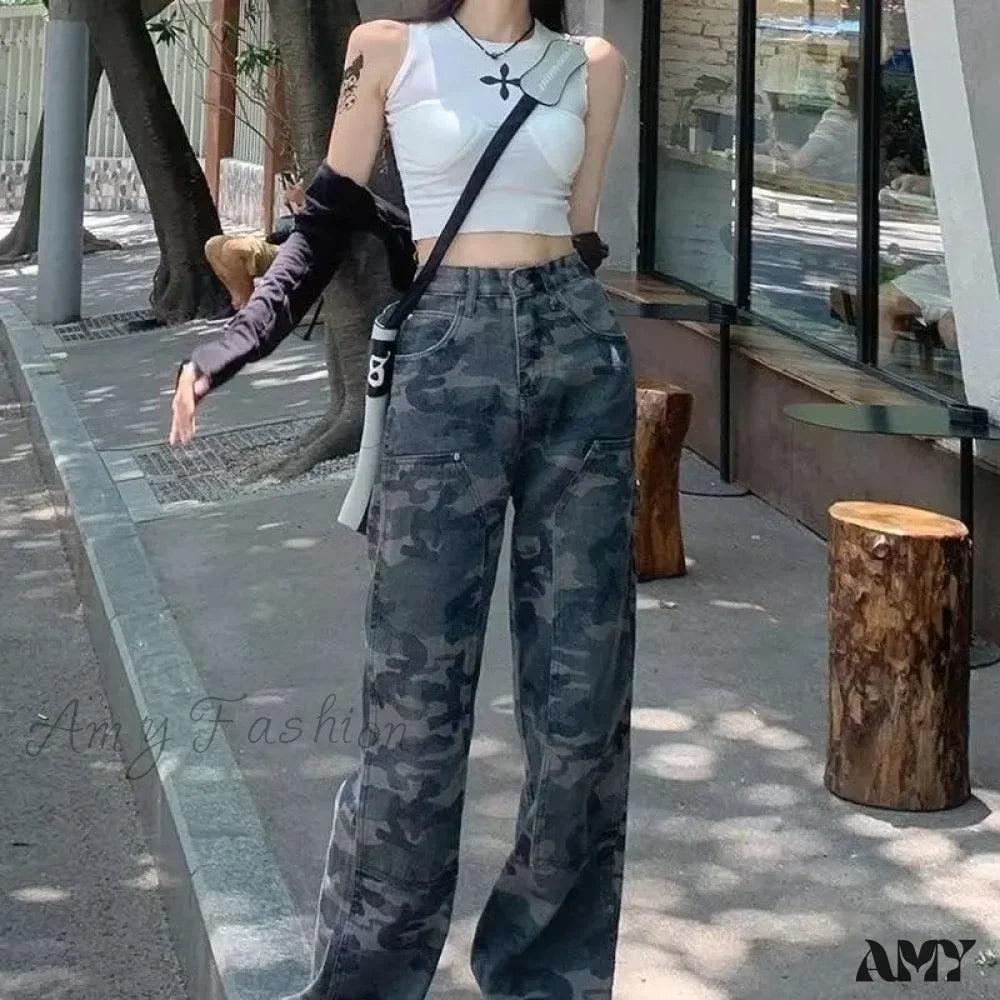 Amy Fashion - Camouflage Workwear Spicy Girl Xia Chunqiu High Waisted Wide Legged Slimming Floor