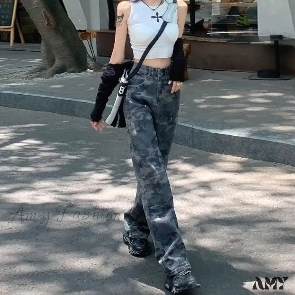 Amy Fashion - Camouflage Workwear Spicy Girl Xia Chunqiu High Waisted Wide Legged Slimming Floor