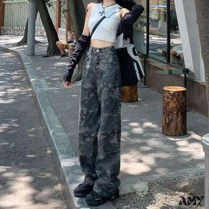 Amy Fashion - Camouflage Workwear Spicy Girl Xia Chunqiu High Waisted Wide Legged Slimming Floor