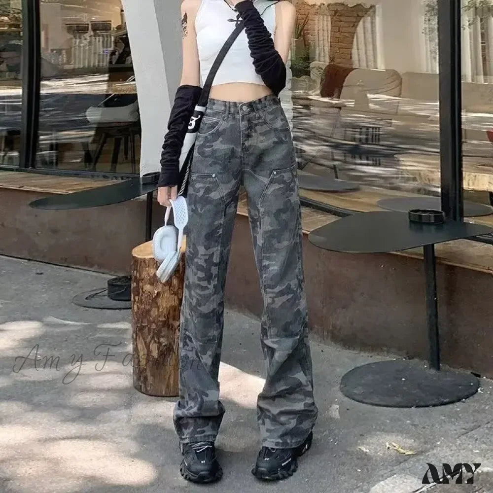 Amy Fashion - Camouflage Workwear Spicy Girl Xia Chunqiu High Waisted Wide Legged Slimming Floor