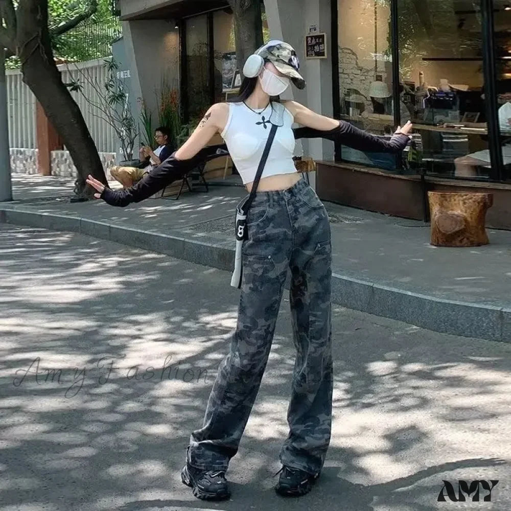 Amy Fashion - Camouflage Workwear Spicy Girl Xia Chunqiu High Waisted Wide Legged Slimming Floor