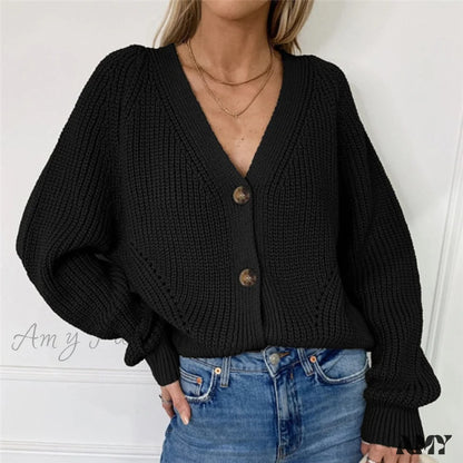 Amy Fashion - Cardigan Ladies V-Neck Long Sleeve Sweater Black / S