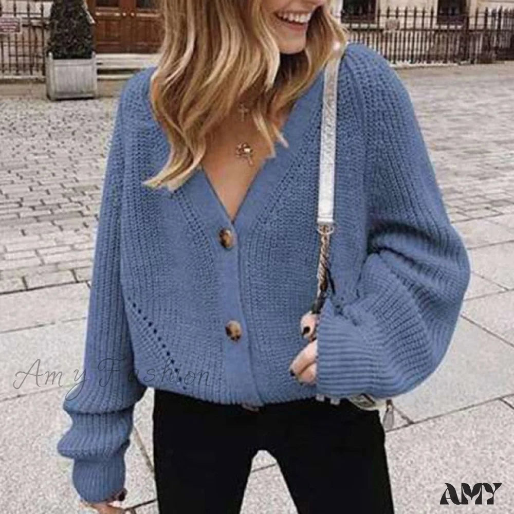 Amy Fashion - Cardigan Ladies V-Neck Long Sleeve Sweater Blue / S