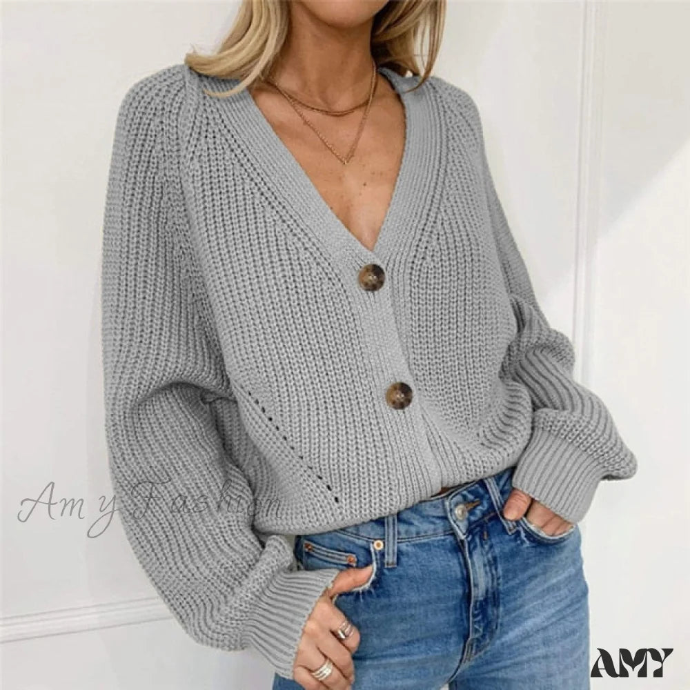 Amy Fashion - Cardigan Ladies V-Neck Long Sleeve Sweater Grey / S