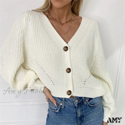 Amy Fashion - Cardigan Ladies V-Neck Long Sleeve Sweater White / S