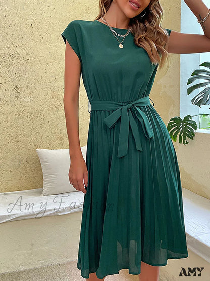 Amy Fashion - Casual Beach Sundress Short Sleeve Pleated Midi Dress