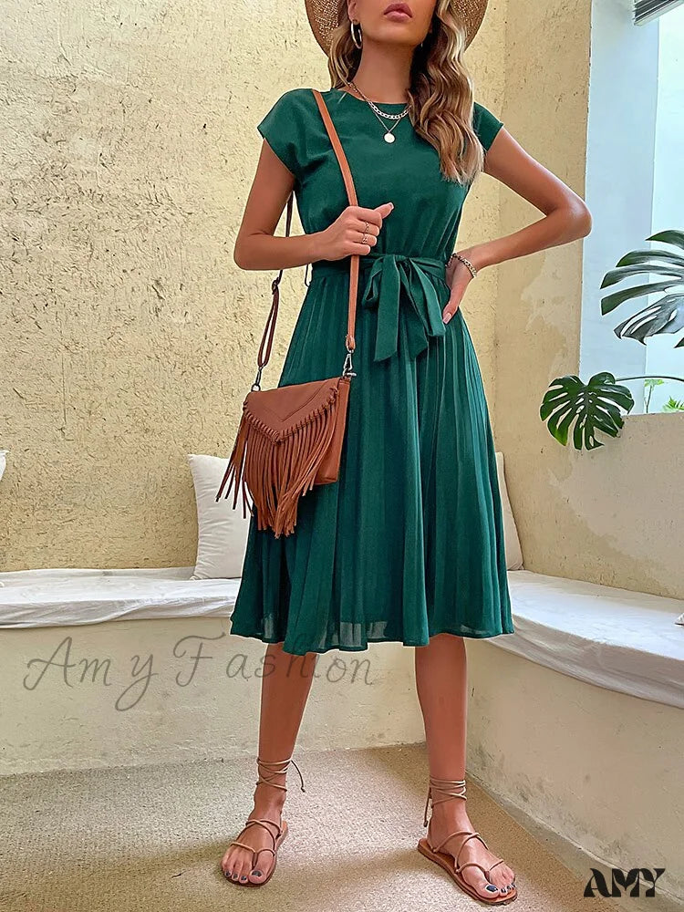 Amy Fashion - Casual Beach Sundress Short Sleeve Pleated Midi Dress