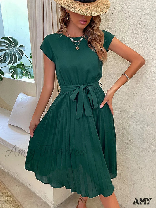 Amy Fashion - Casual Beach Sundress Short Sleeve Pleated Midi Dress Dark Green / S