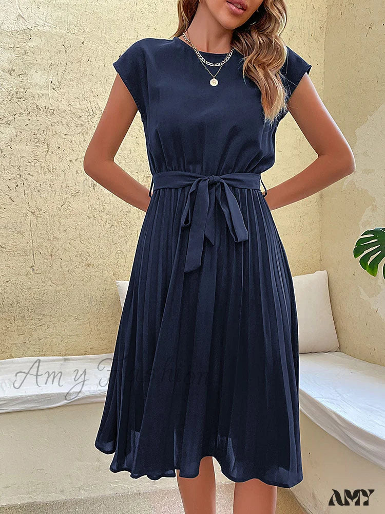 Amy Fashion - Casual Beach Sundress Short Sleeve Pleated Midi Dress Sapphire / S