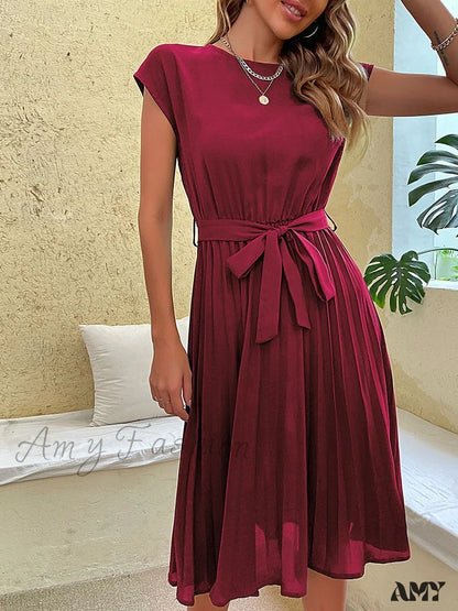 Amy Fashion - Casual Beach Sundress Short Sleeve Pleated Midi Dress Wine Red / S