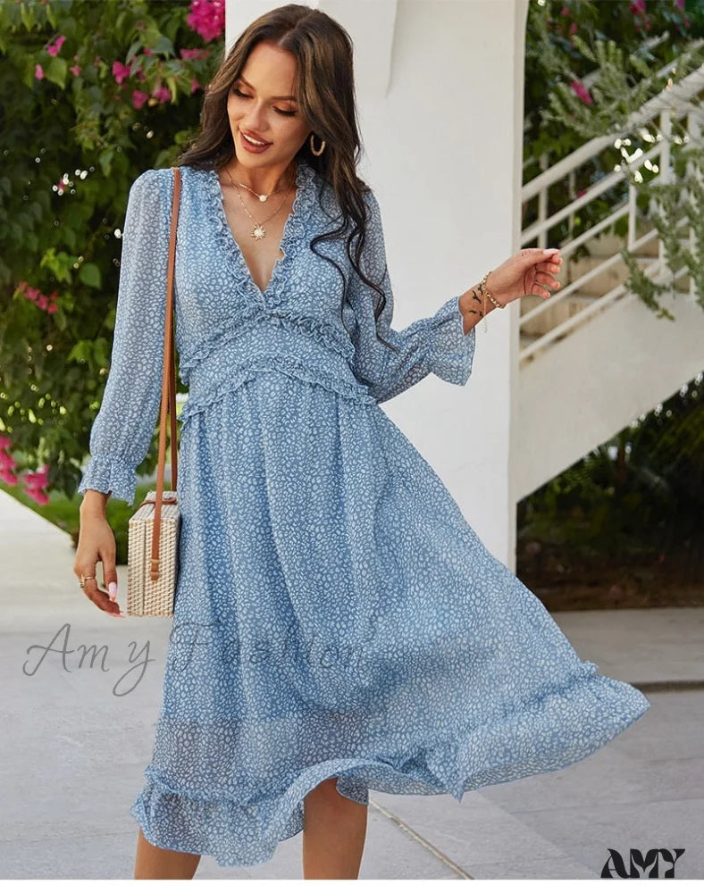 Amy Fashion - Casual Butterfly Sleeve High Waist Chiffon Chic Dress Blue / Xl
