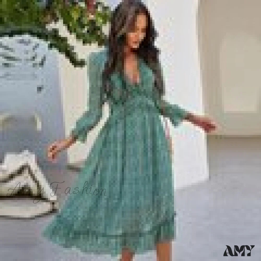 Amy Fashion - Casual Butterfly Sleeve High Waist Chiffon Chic Dress Green / Xl