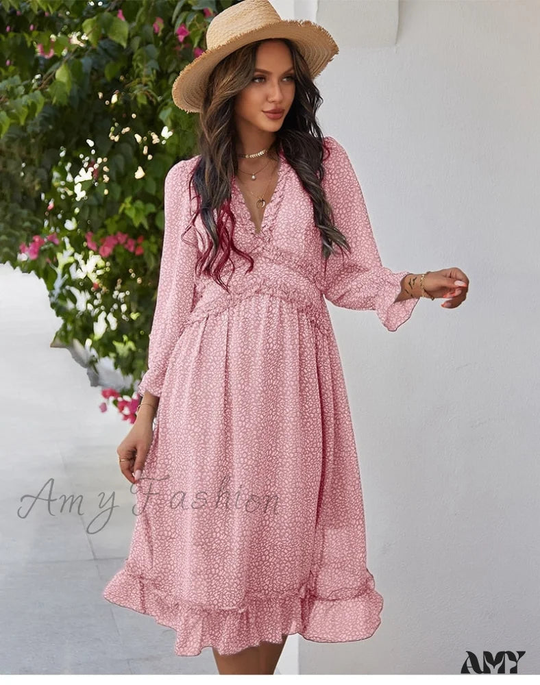 Amy Fashion - Casual Butterfly Sleeve High Waist Chiffon Chic Dress Pink / Xl