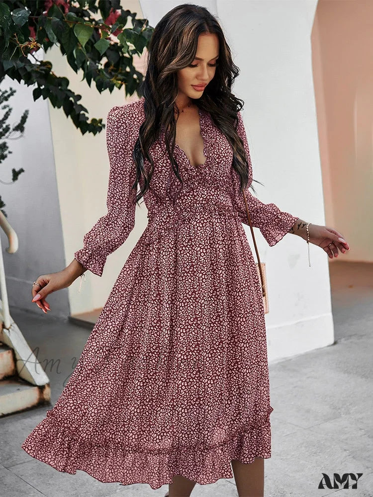 Amy Fashion - Casual Butterfly Sleeve High Waist Chiffon Chic Dress Red / Xl