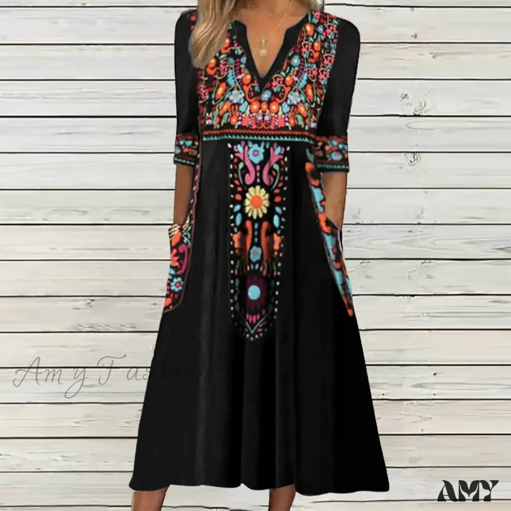 Amy Fashion - Casual Comfort Elegant Beach Summer Boho Dress Black / S