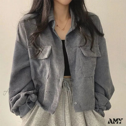 Amy Fashion - Casual Comfy Corduroy Jacket Gray / S