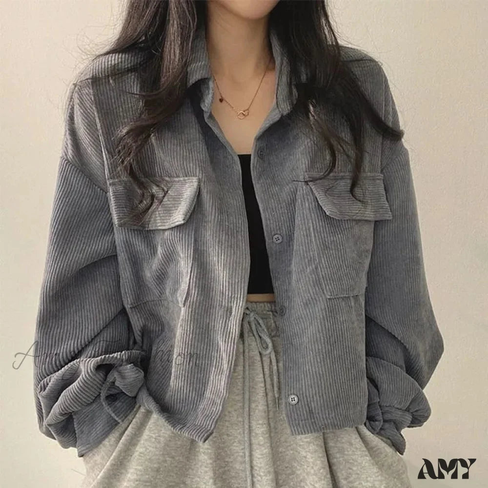 Amy Fashion - Casual Comfy Corduroy Jacket Gray / S