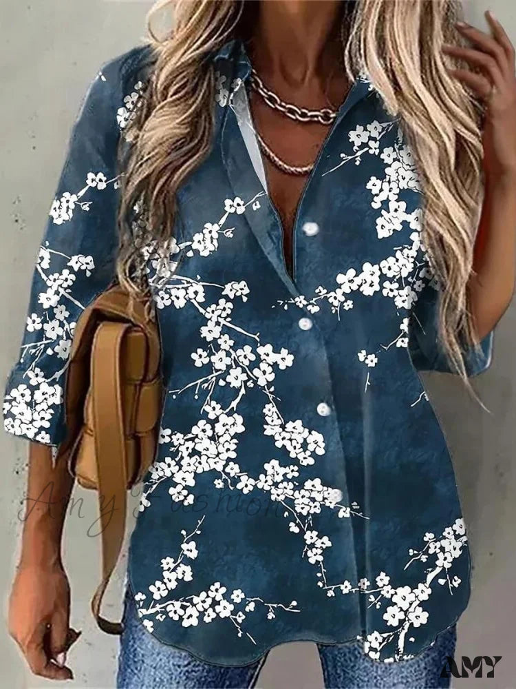 Amy Fashion - Casual Daily Floral Print Blouse Deep Blue / S