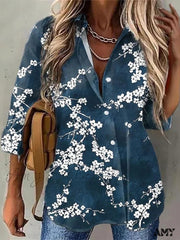 Amy Fashion - Casual Daily Floral Print Blouse Deep Blue / S