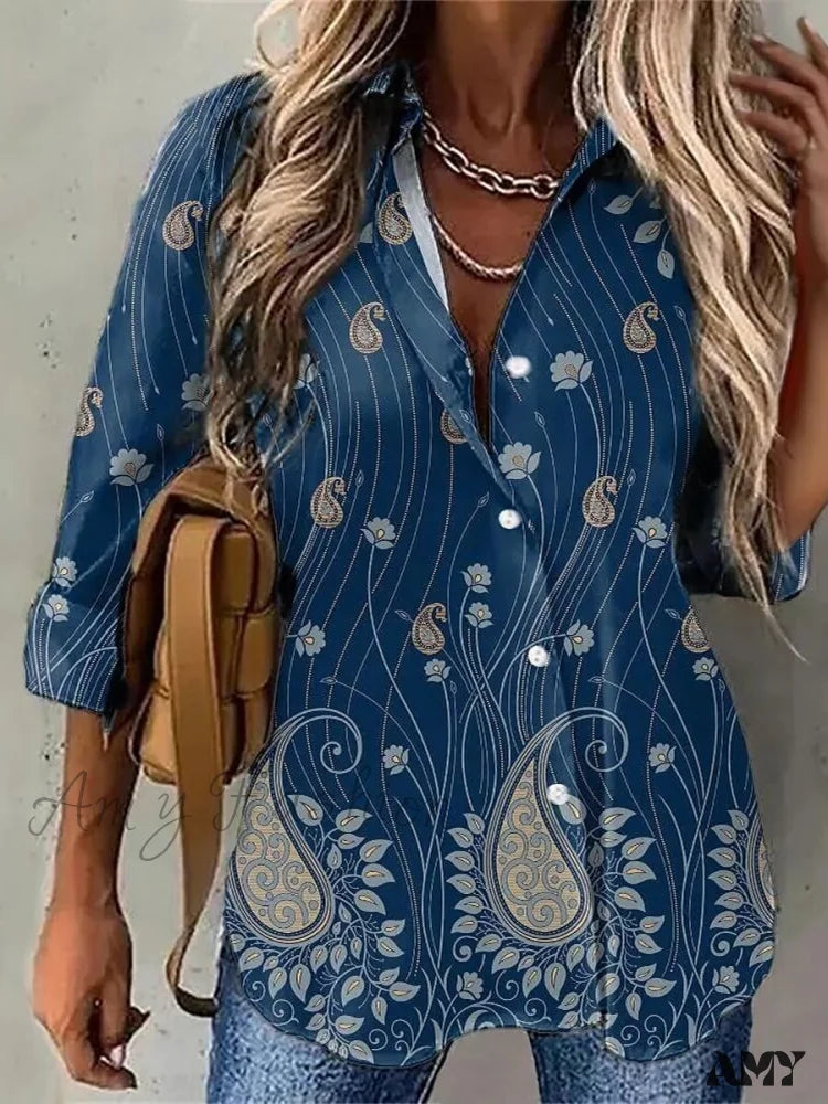 Amy Fashion - Casual Daily Floral Print Blouse Navy Blue / S