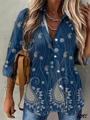 Amy Fashion - Casual Daily Floral Print Blouse Navy Blue / S