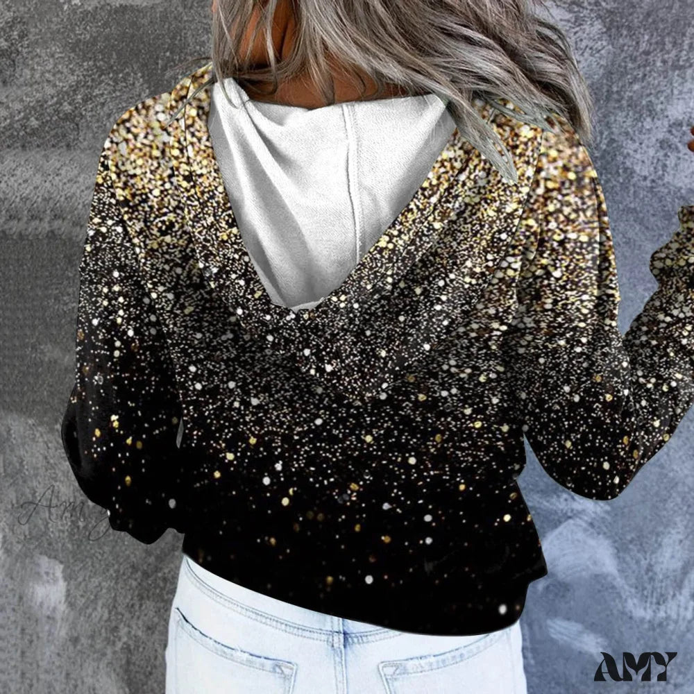 Amy Fashion - Casual Drawstring Button Sequins Printed Hooded Sweatshirts