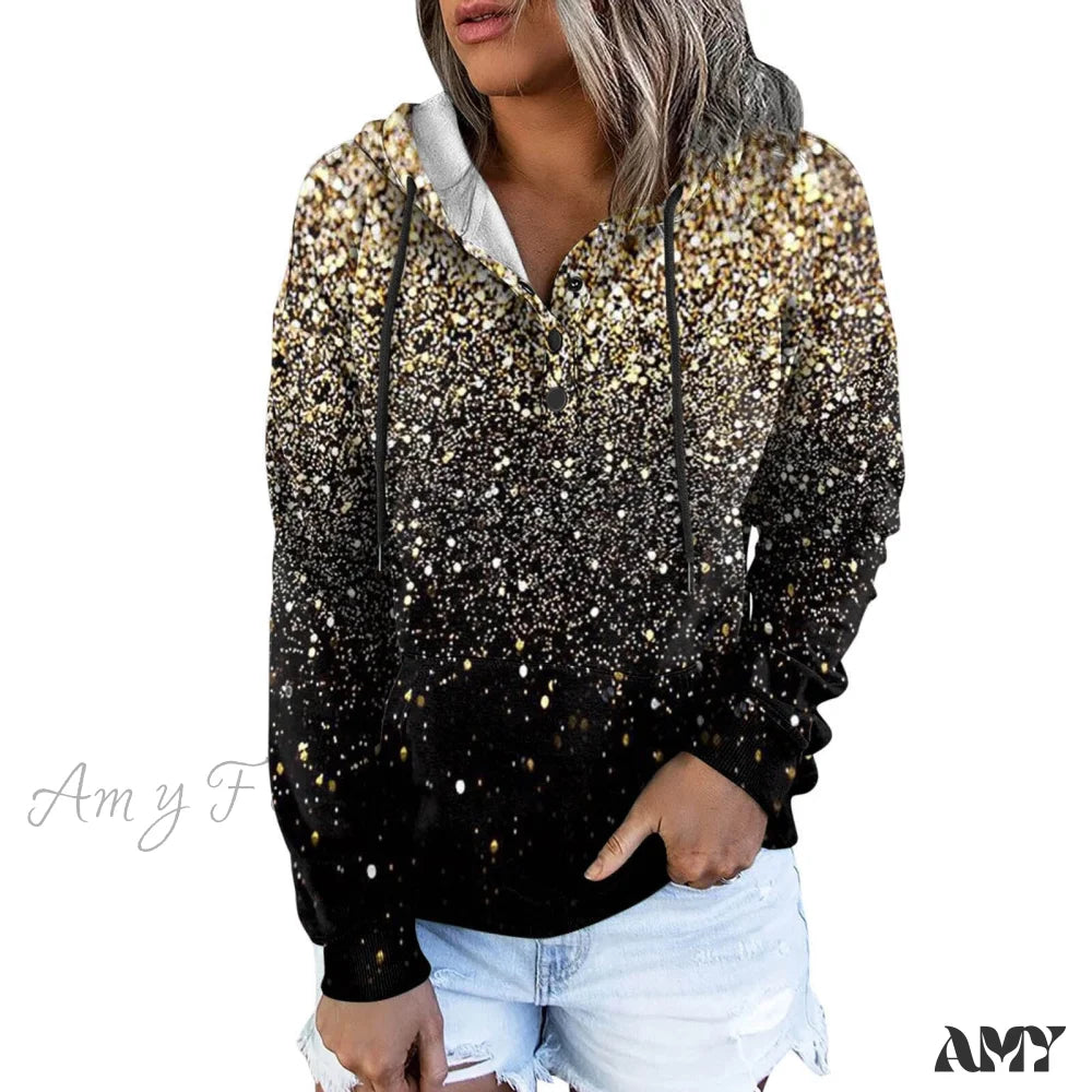 Amy Fashion - Casual Drawstring Button Sequins Printed Hooded Sweatshirts