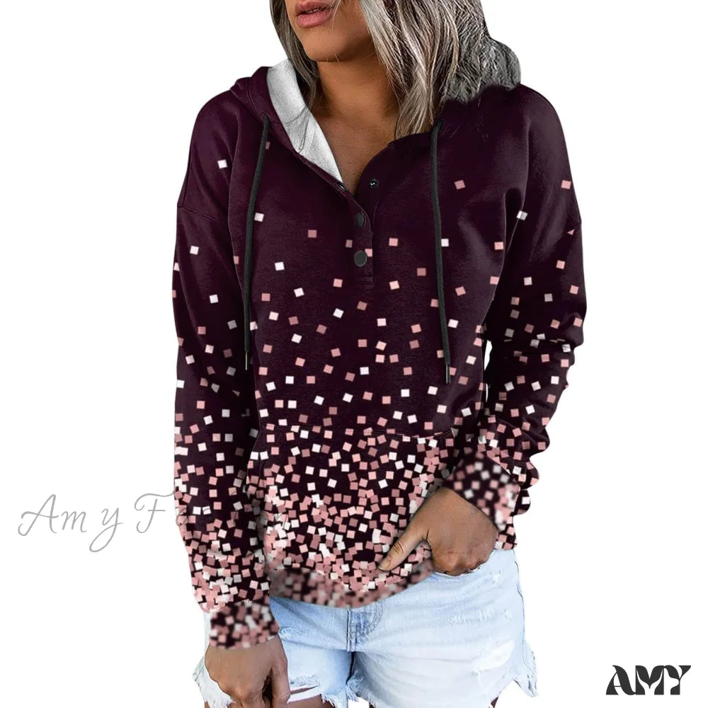 Amy Fashion - Casual Drawstring Button Sequins Printed Hooded Sweatshirts