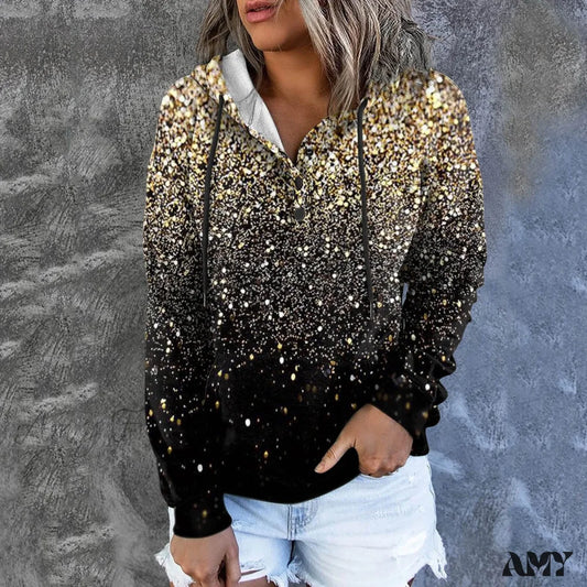 Amy Fashion - Casual Drawstring Button Sequins Printed Hooded Sweatshirts