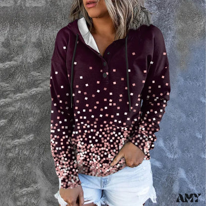 Amy Fashion - Casual Drawstring Button Sequins Printed Hooded Sweatshirts Pink / S