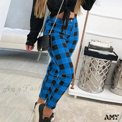 Amy Fashion - Casual Elastic High Waist Loose Pockets Long Pants Blue / S