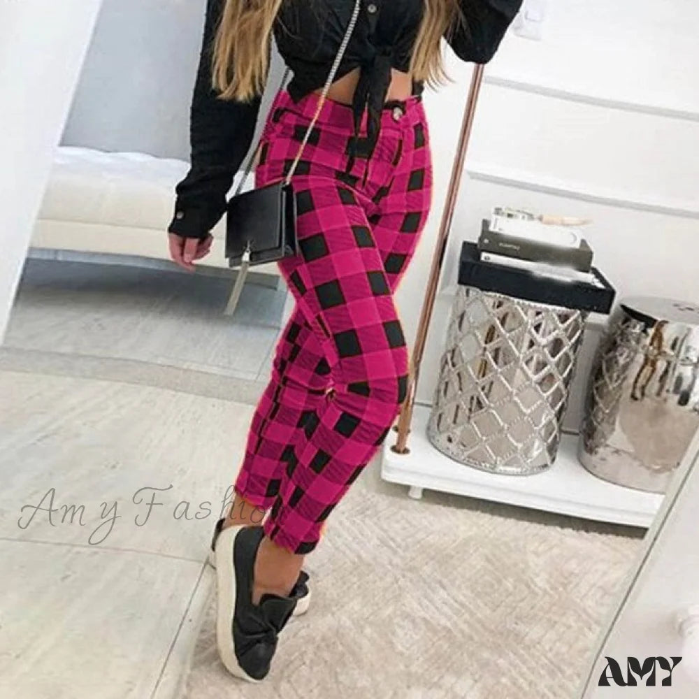 Amy Fashion - Casual Elastic High Waist Loose Pockets Long Pants Pink / S