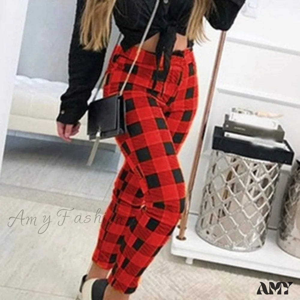 Amy Fashion - Casual Elastic High Waist Loose Pockets Long Pants Red / S