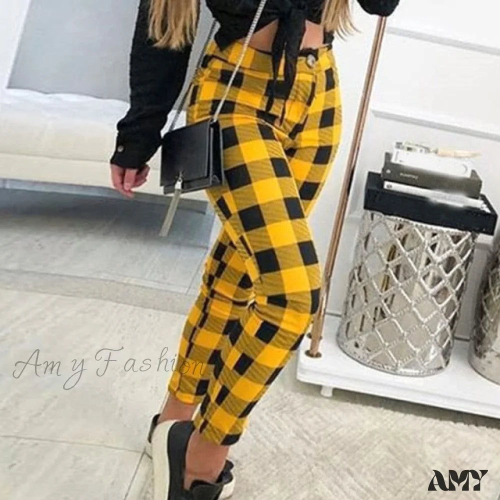 Amy Fashion - Casual Elastic High Waist Loose Pockets Long Pants Yellow / S