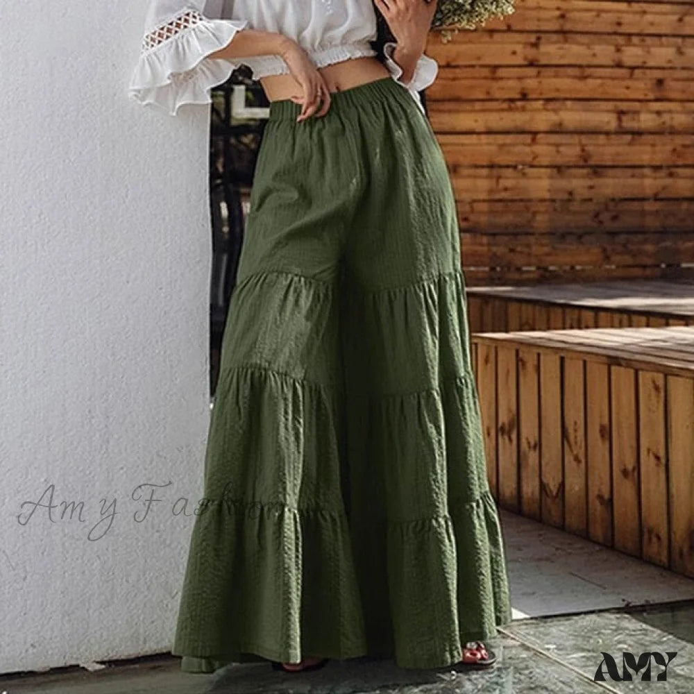 Amy Fashion - Casual Elastic Waist Long Solid Pants Army Green / S