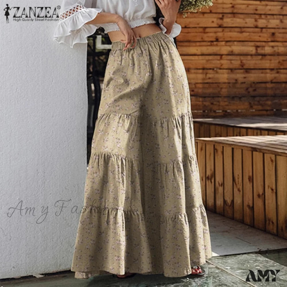 Amy Fashion - Casual Elastic Waist Long Solid Pants Beige / S