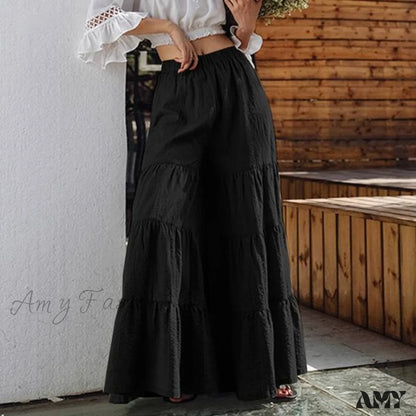 Amy Fashion - Casual Elastic Waist Long Solid Pants Black / S