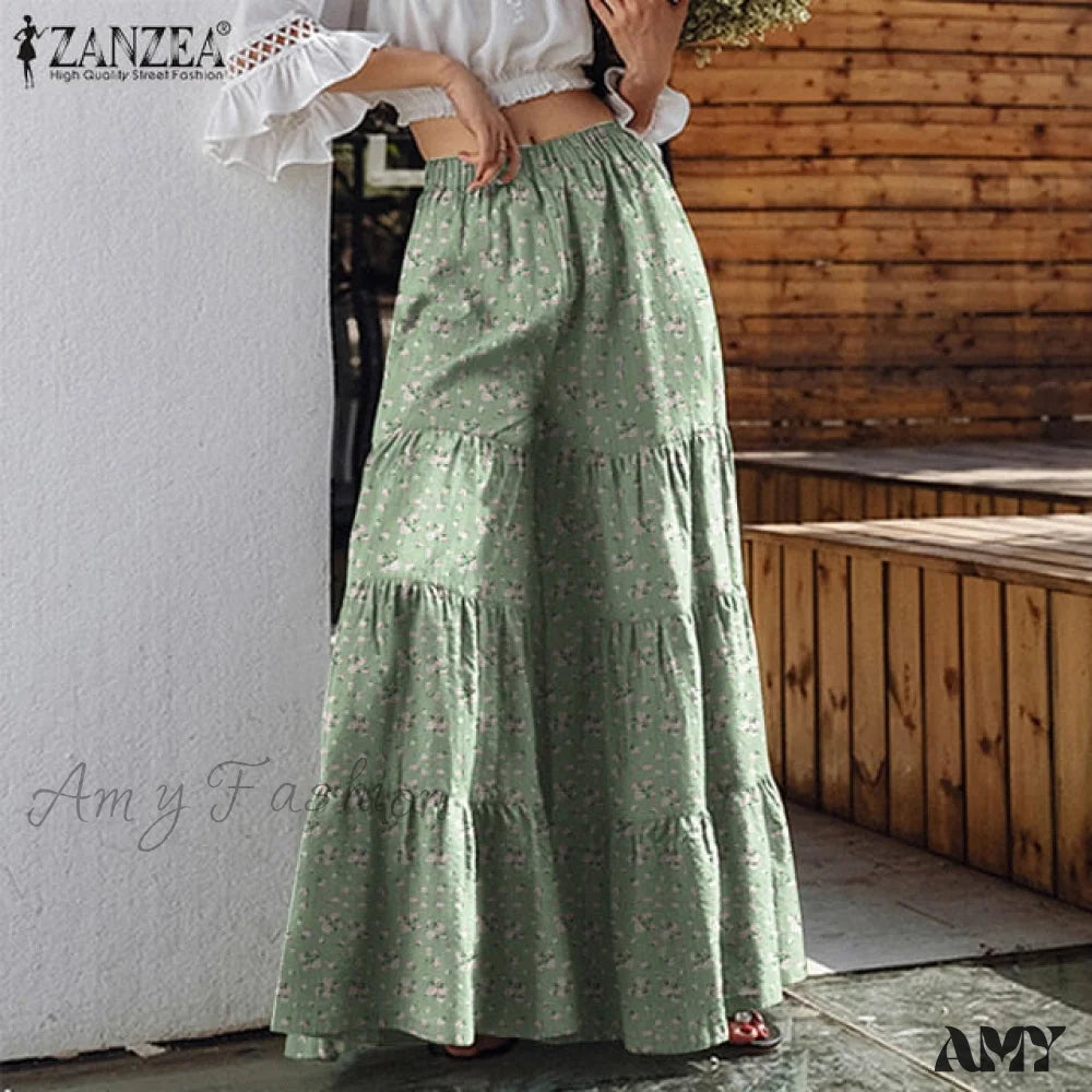 Amy Fashion - Casual Elastic Waist Long Solid Pants Green / S