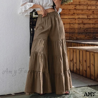 Amy Fashion - Casual Elastic Waist Long Solid Pants Khaki / S