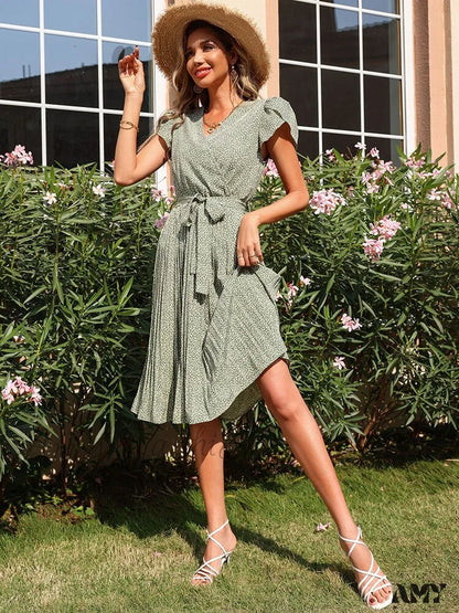 Amy Fashion - Casual Floral Dress V-Neck Short Sleeves Sundress