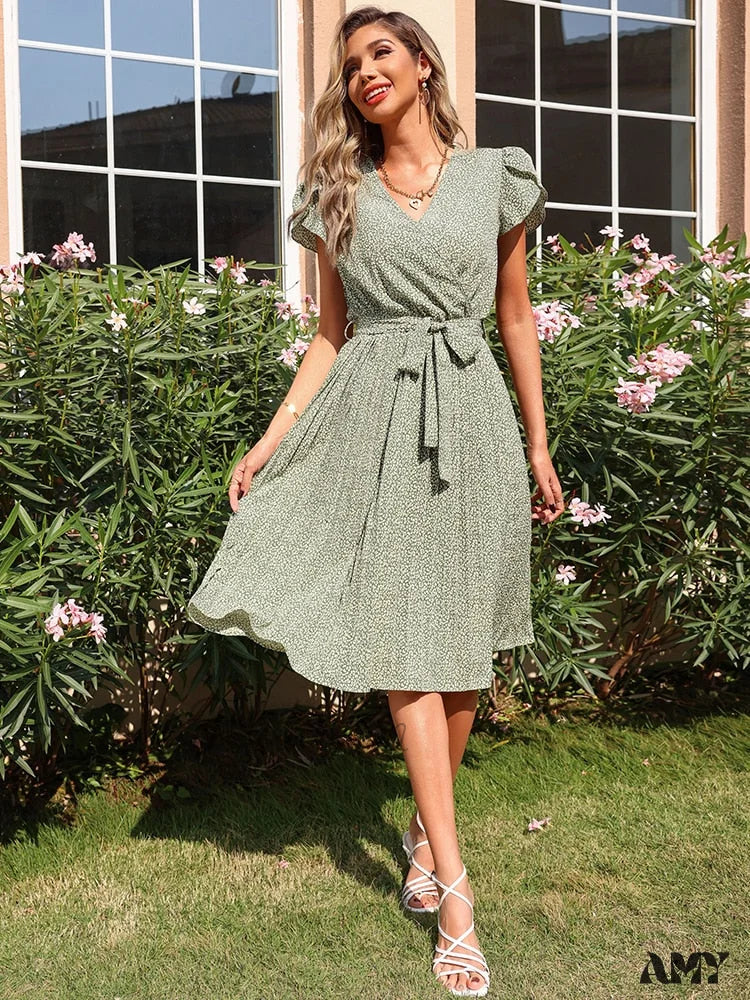 Amy Fashion - Casual Floral Dress V-Neck Short Sleeves Sundress Green / S