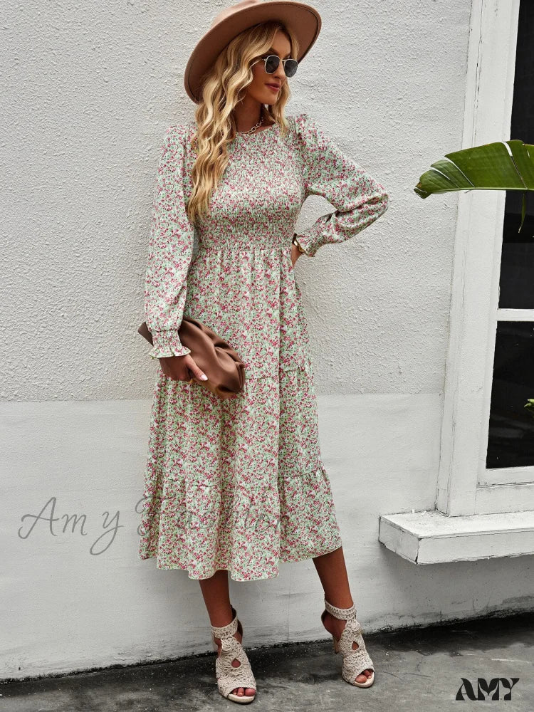 Amy Fashion - Casual Floral Printed Dresses Green / Xl