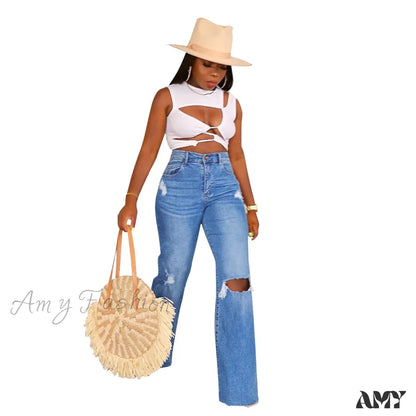 Amy Fashion - Casual High Waist Wide Leg Pants Loose Women’s Street Ripped Plus Size Mom Denim