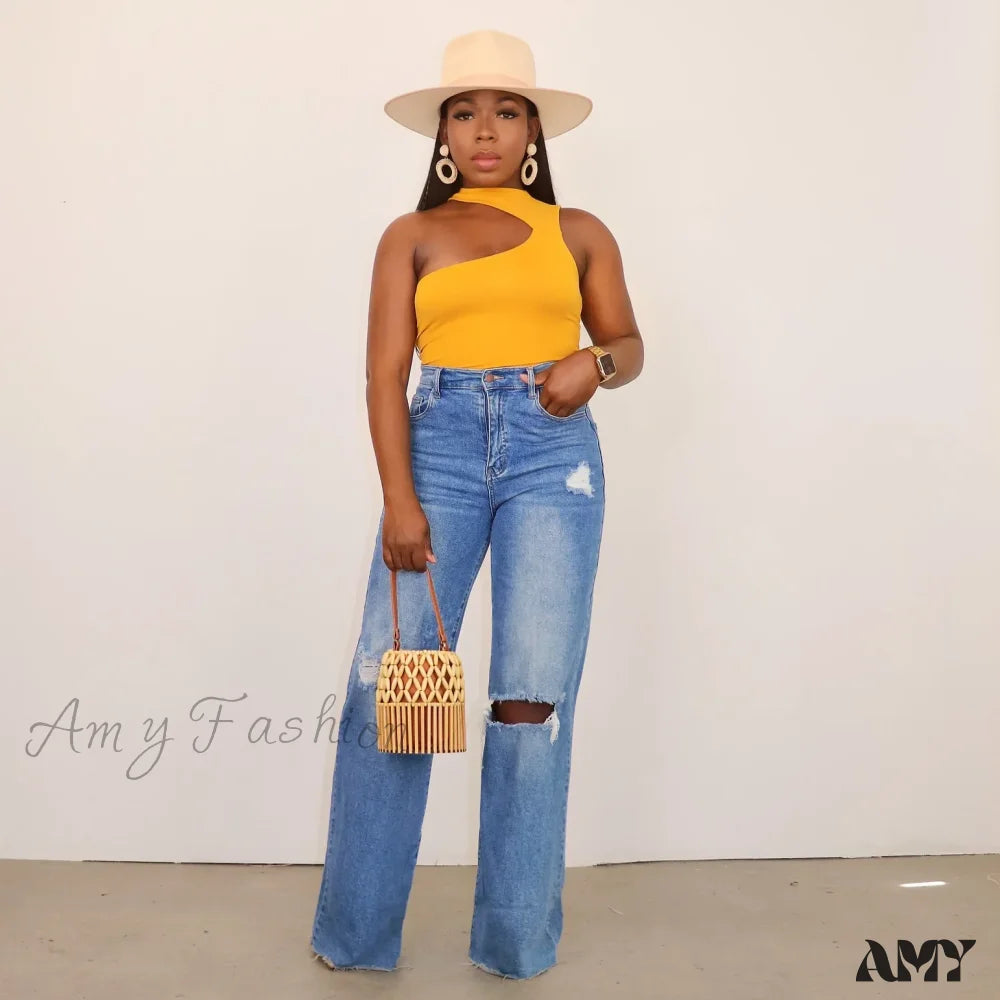 Amy Fashion - Casual High Waist Wide Leg Pants Loose Women’s Street Ripped Plus Size Mom Denim