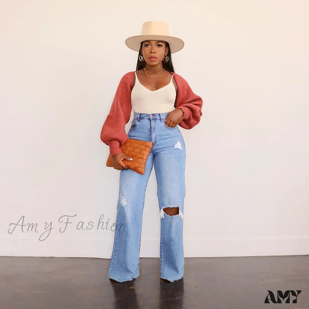 Amy Fashion - Casual High Waist Wide Leg Pants Loose Women’s Street Ripped Plus Size Mom Denim