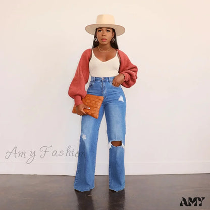 Amy Fashion - Casual High Waist Wide Leg Pants Loose Women’s Street Ripped Plus Size Mom Denim