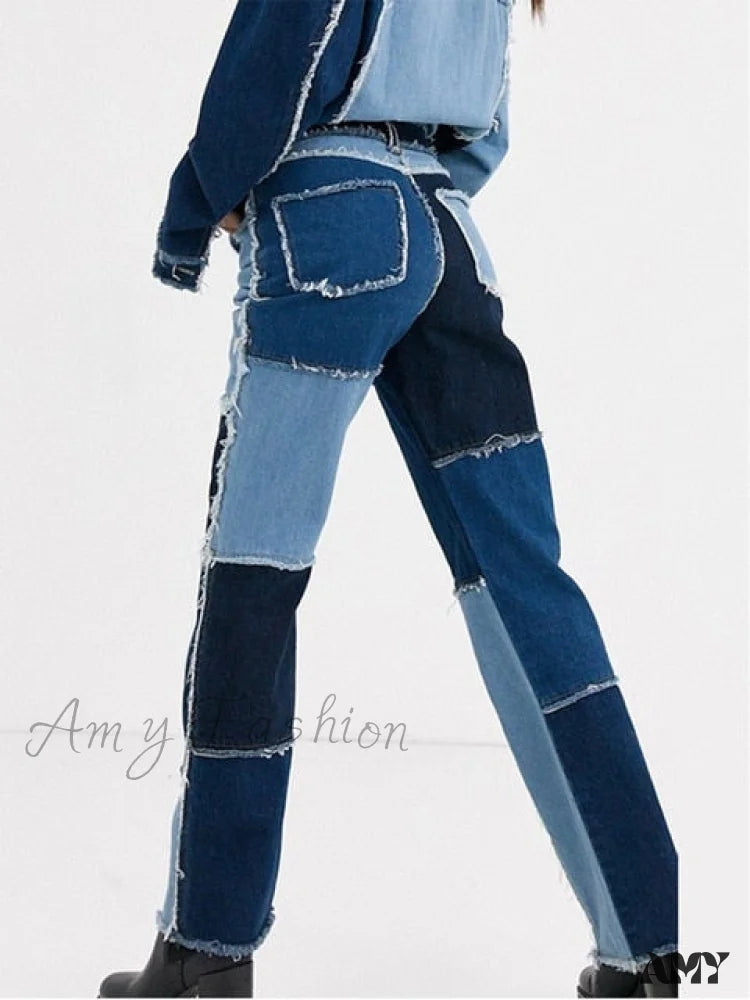 Amy Fashion - Casual Hip Hop High Waist Loose Straight Pants Blue / Xs