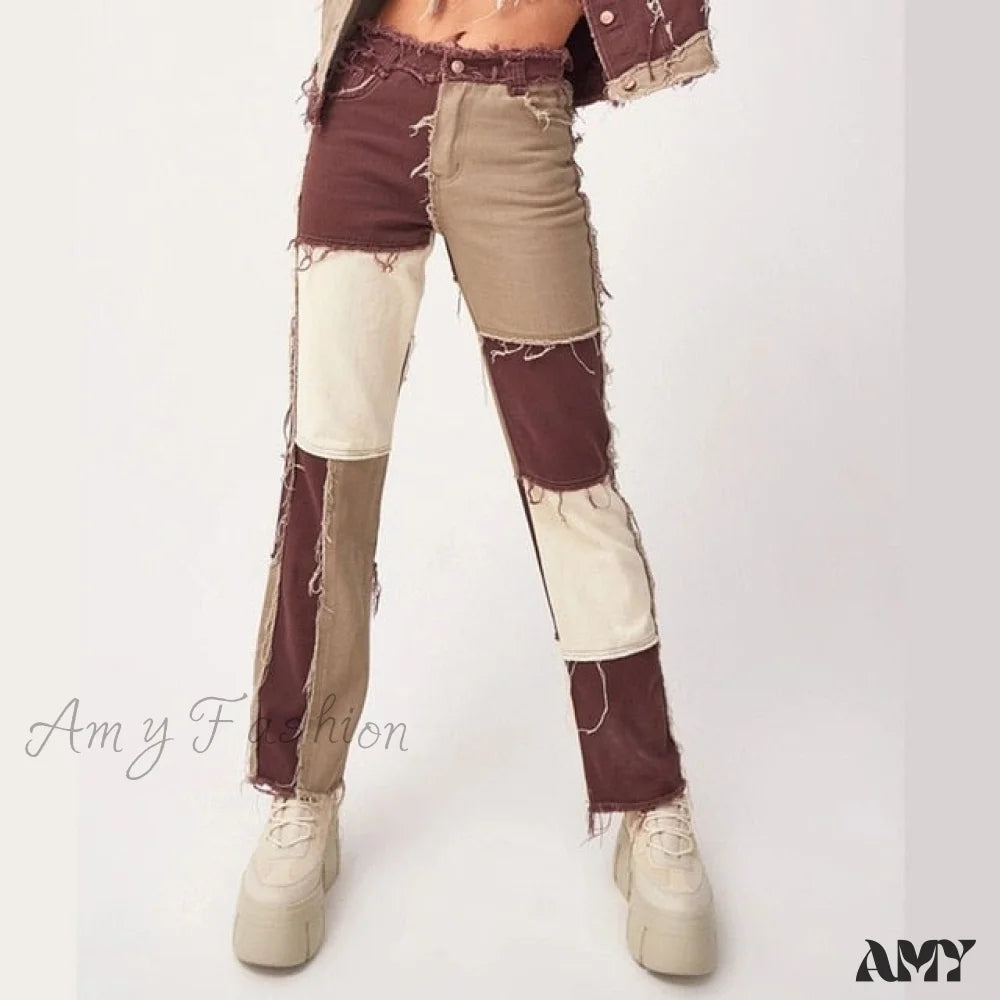 Amy Fashion - Casual Hip Hop High Waist Loose Straight Pants Brown / Xs